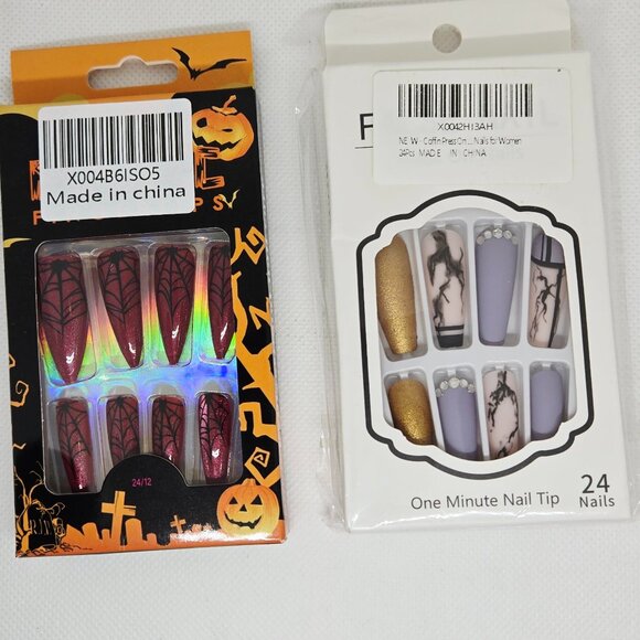 NIB SET OF 2 HALLOWEEN THEME PARTY/DECOR COFFIN STILETTO PRESS ON NAILS 48 TOTAL - Picture 1 of 6
